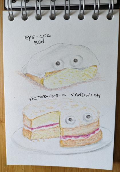 First of three drawings of baking with googly eyes