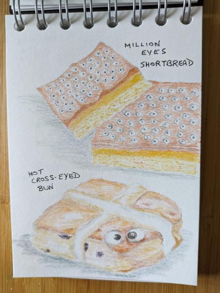 Second of three drawings of baking with googly eyes